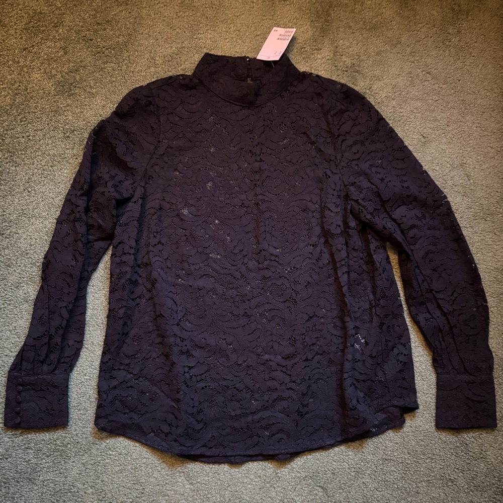 NWT H&M Black Sheer Lace Mock Neck Blouse - Small